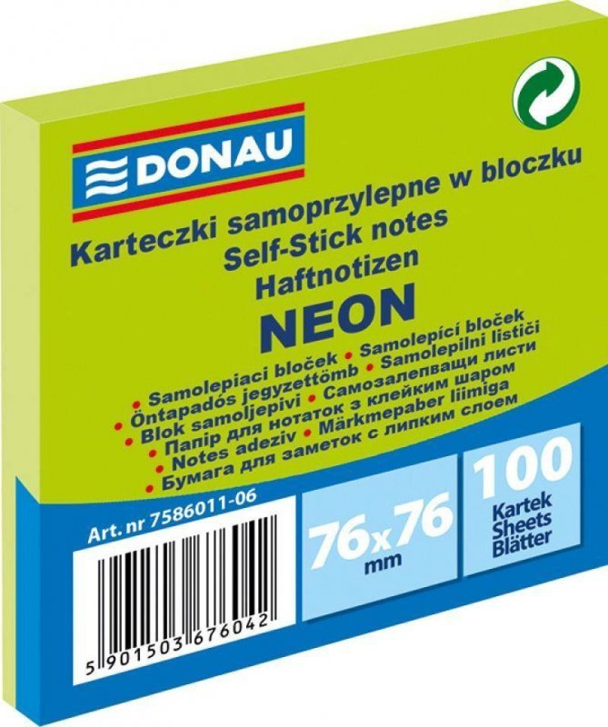 KARTECZKI SAMOPRZYLEPNE 76X76MM DONAU NEON ZIELONE 100KART