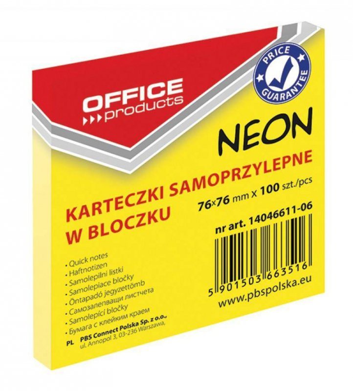KARTECZKI SAMOPRZYLEPNE 76X76MM OFFICE PRODUCTS NEONOWE ŻÓŁTE 100KART