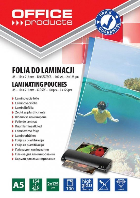 FOLIA DO LAMINOWANIA BŁYSZCZĄCA A5 OFFICE PRODUCTS 125MIC 100 SZT