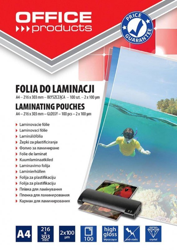 FOLIA DO LAMINOWANIA BŁYSZCZĄCA A4 OFFICE PRODUCTS 100MIC 100 SZT