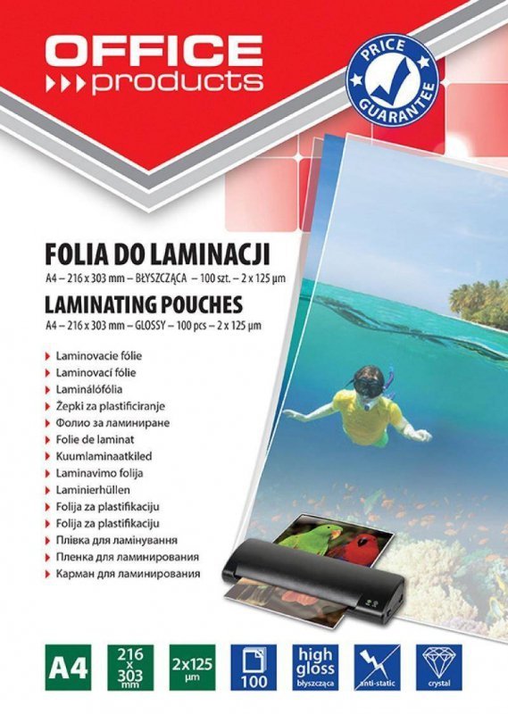 FOLIA DO LAMINOWANIA BŁYSZCZĄCA A4 OFFICE PRODUCTS 125MIC 100 SZT