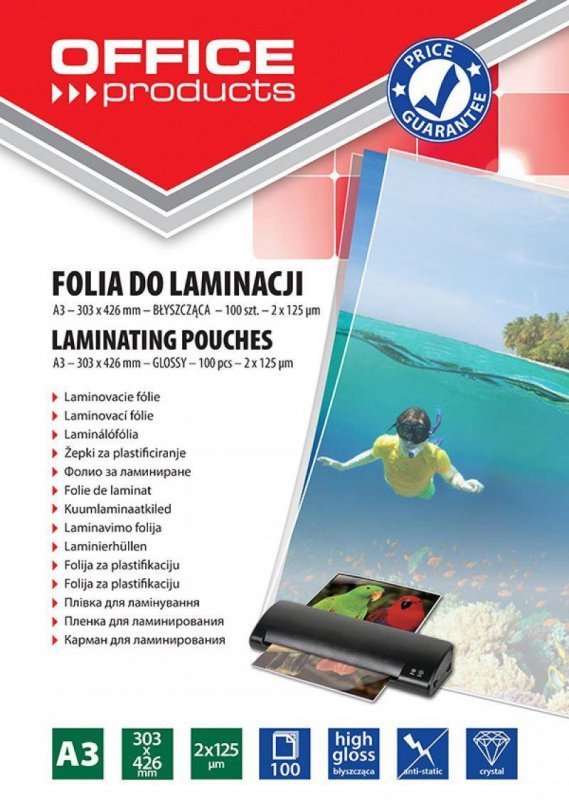 FOLIA DO LAMINOWANIA BŁYSZCZĄCA A3 OFFICE PRODUCTS 125MIC 100 SZT
