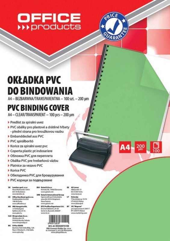 FOLIA DO BINDOWANIA A4 OFFICE PRODUCTS PRZEZROCZYSTA ZIELONA 200MIC 100 SZT