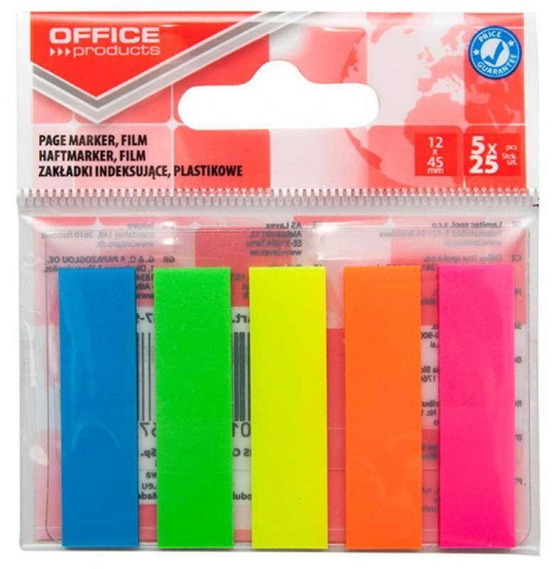 ZAKŁADKI INDEKSUJĄCE FOLIOWE 12X45MM OFFICE PRODUCTS MIX KOLORÓW 5X25 SZT