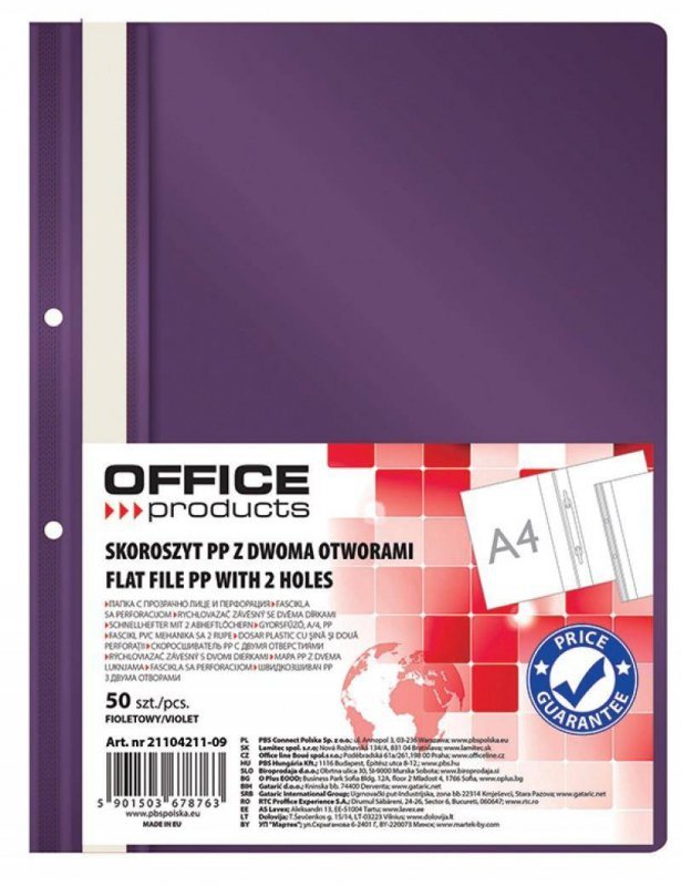 SKOROSZYT WPINANY A4 OFFICE PRODUCTS 2 OTWORY FIOLETOWY PP 100/170MIKR