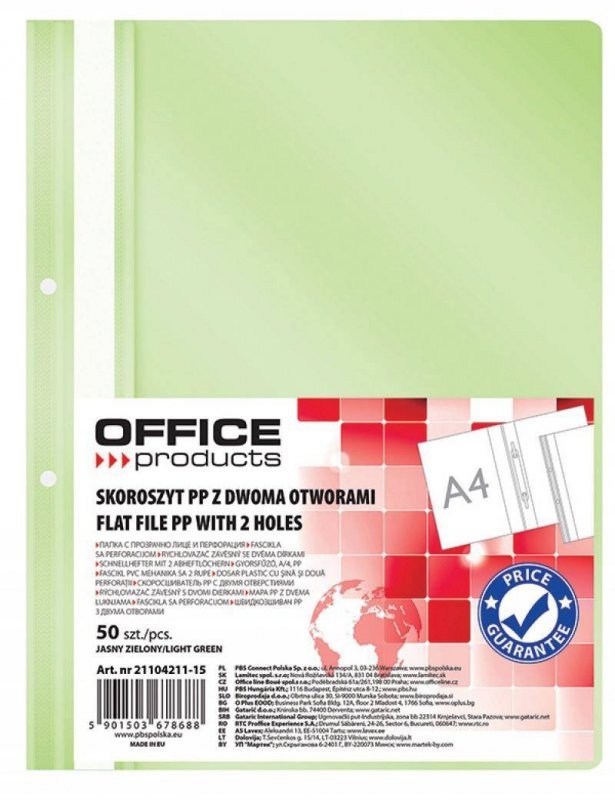 SKOROSZYT WPINANY A4 OFFICE PRODUCTS 2 OTWORY JASNOZIELONY PP 100/170MIKR