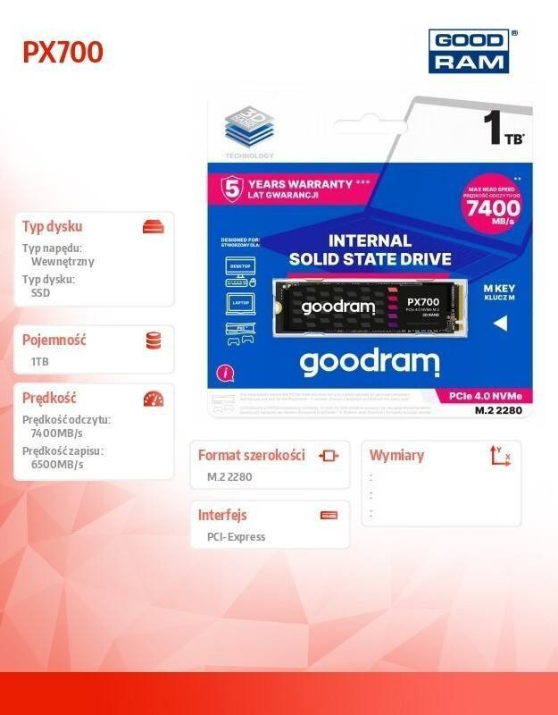 GOODRAM DYSK SSD PX700 1TB M.2 PCIE 2280 4X4 7400/6500MB/S