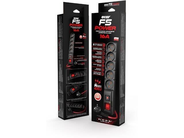 ACAR LISTWA ZASILAJĄCA F5 POWER 10M 16A (5 GNIAZD) CZARNA