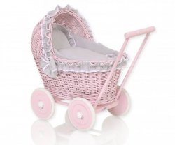 Wiklinowy wózek dla lalek pchacz różowy z szarą pościelką i miękką wyściółką