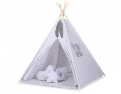Namiot TIPI dla dzieci + mata + poduszki + zawieszki pióra -  Mini-rozeta szara