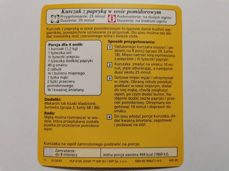 KARTA KULINARNA NR. 45 KURCZAK Z PAPRYKĄ W SOSIE POMIDOROWYM