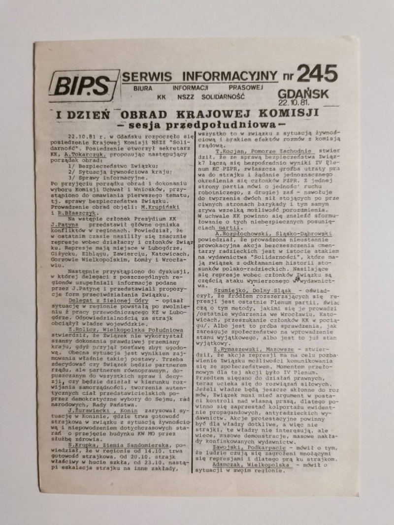 BIPS SERWIS INFORMACYJNY NR 245 GDAŃSK 22.10.81