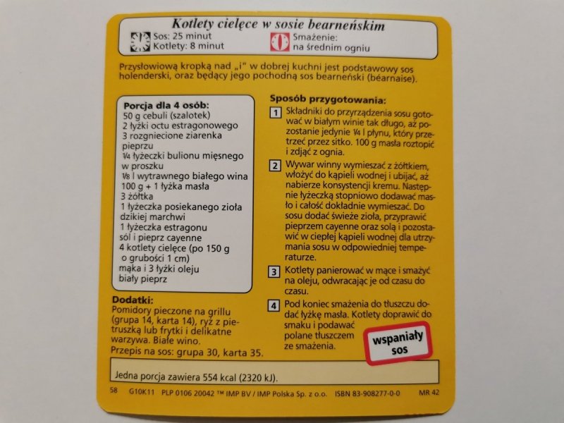 KARTA KULINARNA NR. 11 KOTLETY CIELĘCE W SOSIE BEARNEŃSKIM
