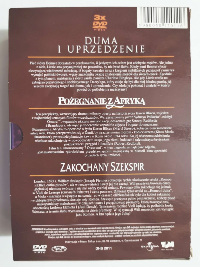 DVD. DUMA I UPRZEDZENIE. POŻEGNANIE Z AFRYKĄ. ZAKOCHANY SZEKSPIR. 