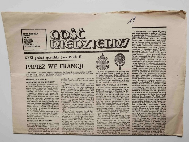GOŚĆ NIEDZIELNY XXVIII NIEDZIELA ZWYKŁA NR 41 ROK LXIII KATOWICE 12.X.1986