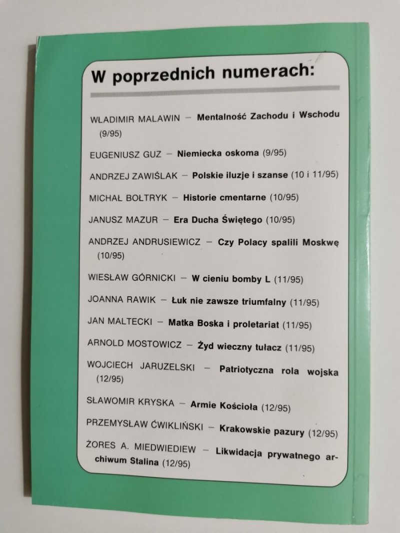 DZIŚ. PRZEGLĄD SPOŁECZNY. WARSZAWA ROK VII STYCZEŃ '96 NR 1 (64)