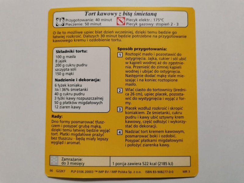 KARTA KULINARNA NR. 7 TORT KAWOWY Z BITĄ ŚMIETANĄ