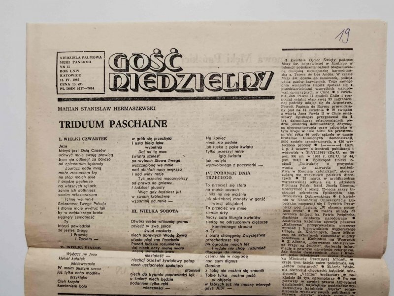 GOŚĆ NIEDZIELNY NIEDZIELA PALMOWA MĘKI PAŃSKIEJ NR 15 ROK LXIV KATOWICE 12.IV.1987