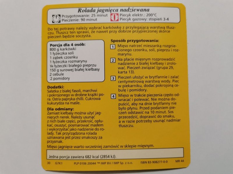 KARTA KULINARNA NR. 1 ROLADA JAGNIĘCA NADZIEWANA