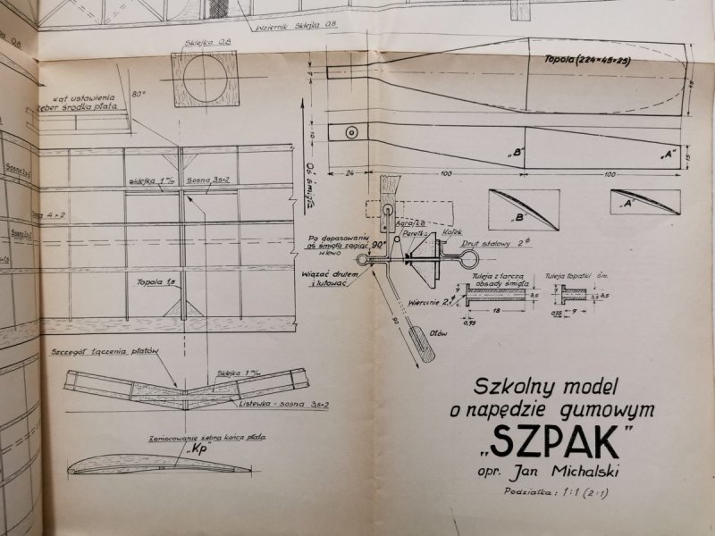 AEROKLUB PRL PLAN MODELU O NAPĘDZIE GUMOWYM SZPAK 