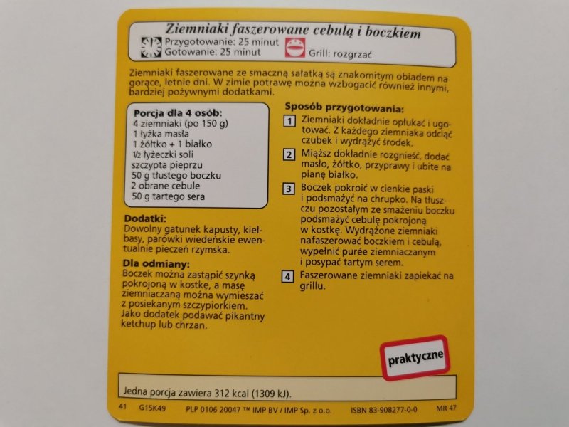 KARTA KULINARNA NR. 49 ZIEMNIAKI FASZEROWANE CEBULĄ I BOCZKIEM