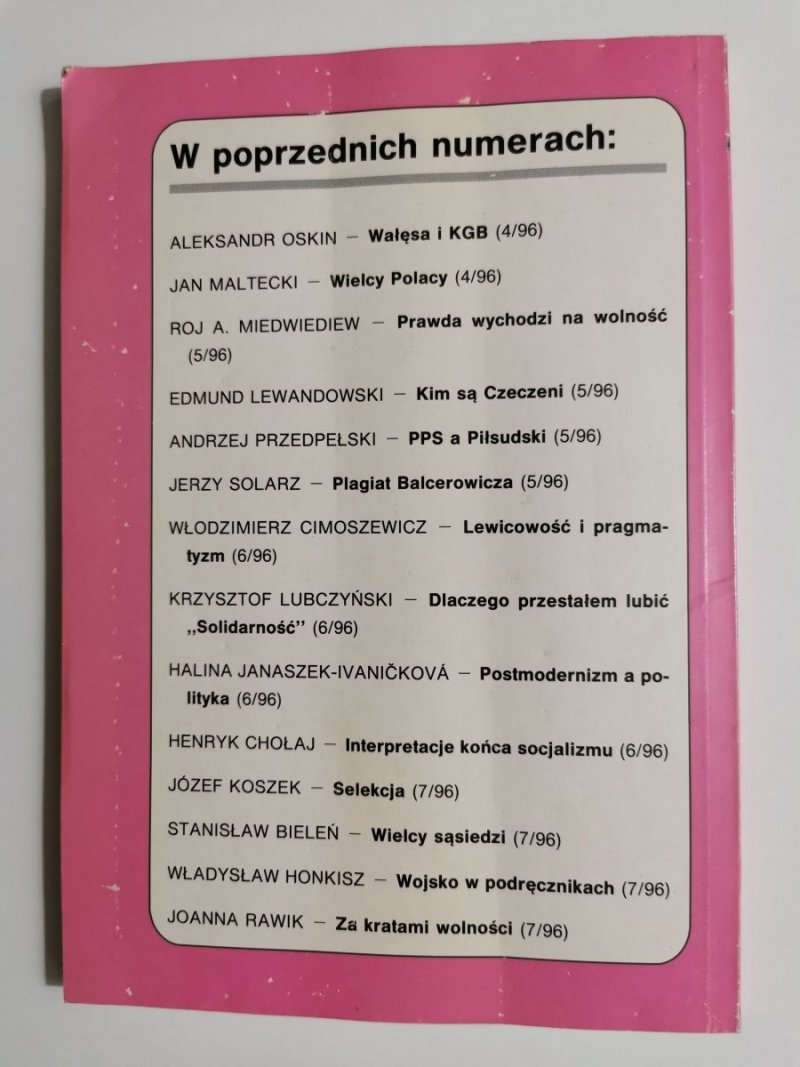DZIŚ. PRZEGLĄD SPOŁECZNY. WARSZAWA ROK VII SIERPIEŃ '96 NR 8 (71)