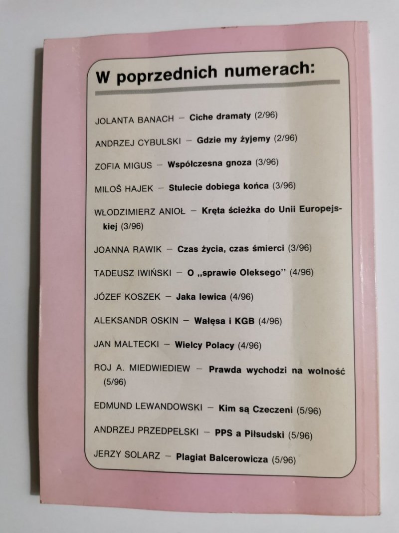 DZIŚ. PRZEGLĄD SPOŁECZNY. WARSZAWA ROK VII CZERWIEC '96 NR 6 (69)