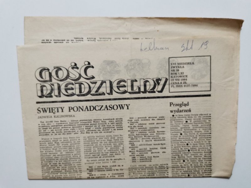 GOŚĆ NIEDZIELNY XVI NIEDZIELA ZWYKŁA NR 30 ROK LXI KATOWICE 22 VII 1984