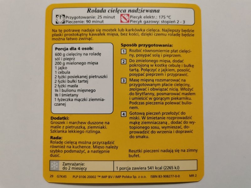 KARTA KULINARNA NR. 45 ROLADA CIELĘCA NADZIEWANA