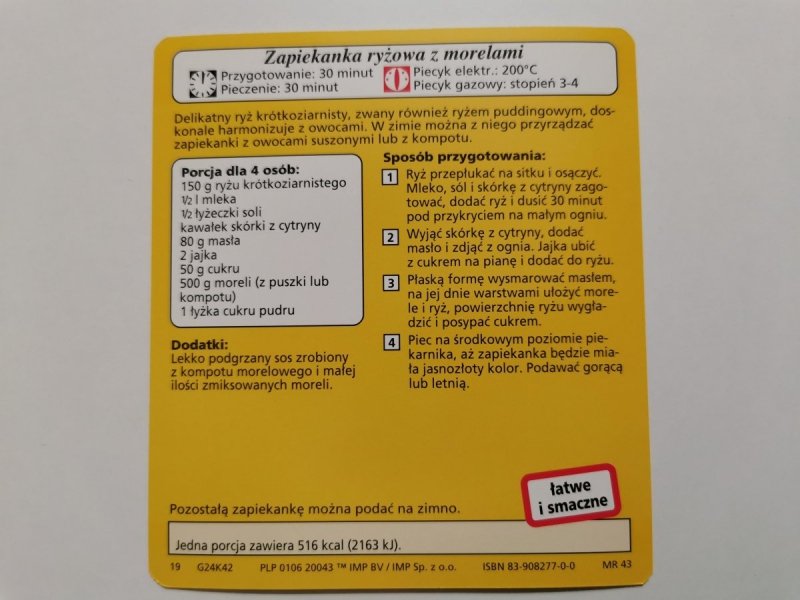 KARTA KULINARNA NR. 42 ZAPIEKANKA RYŻOWA Z MORELAMI