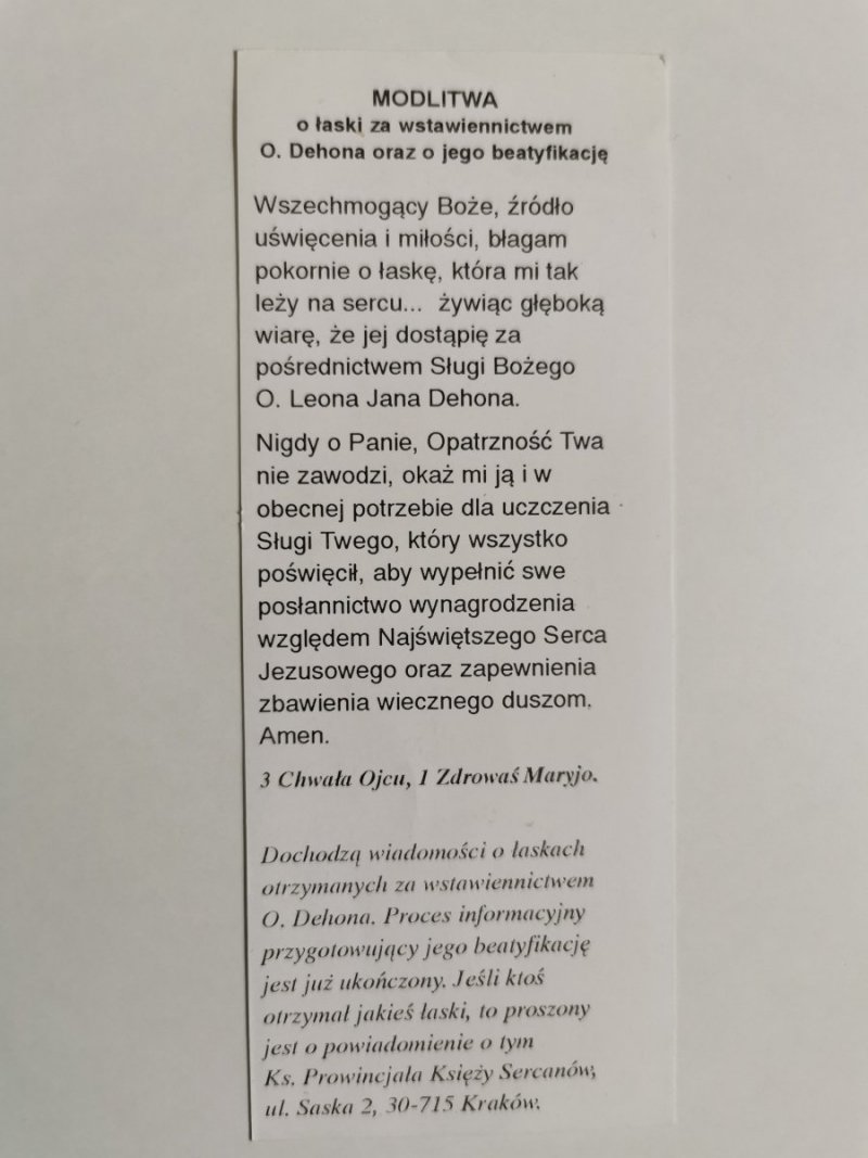 ZAKŁADKA . ZOSTAWIAM WAM NAJPIĘKNIEJSZY SKARB SERCE JEZUSA O. DEHON