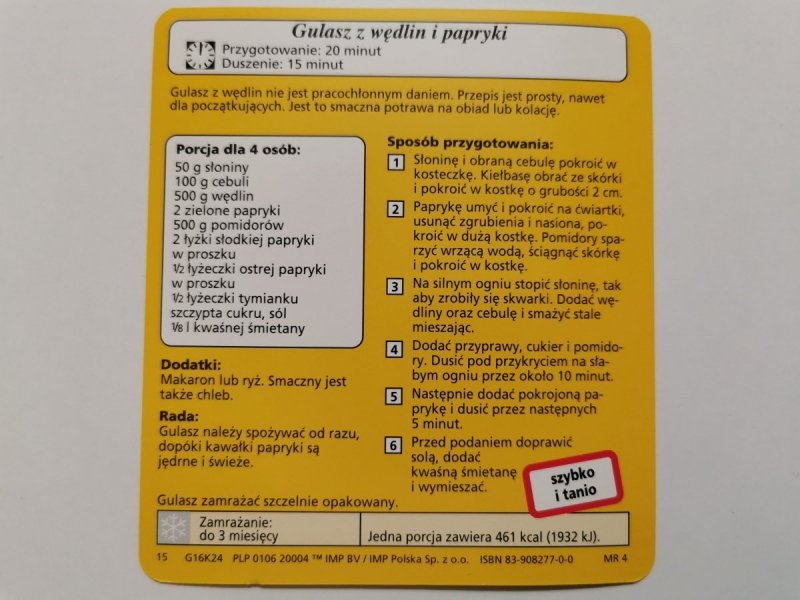KARTA KULINARNA NR. 24 GULASZ Z WĘDLIN I PAPRYKI
