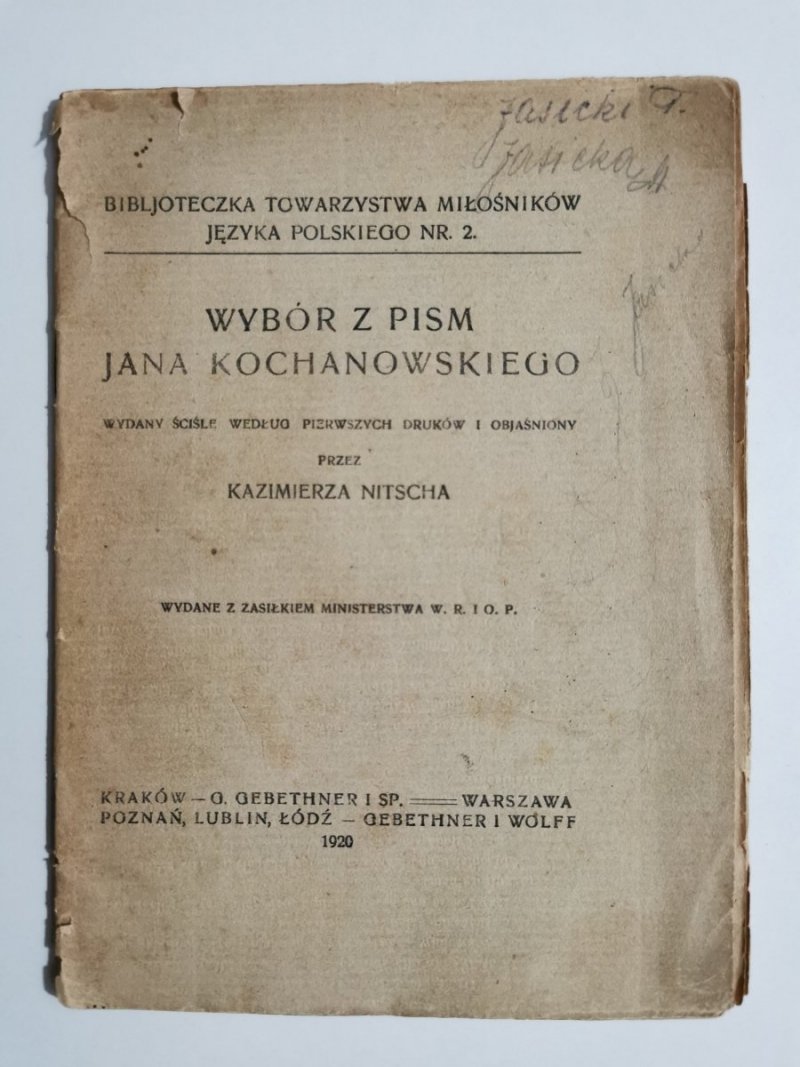 WYBÓR Z PISM JANA KOCHANOWSKIEGO 1920