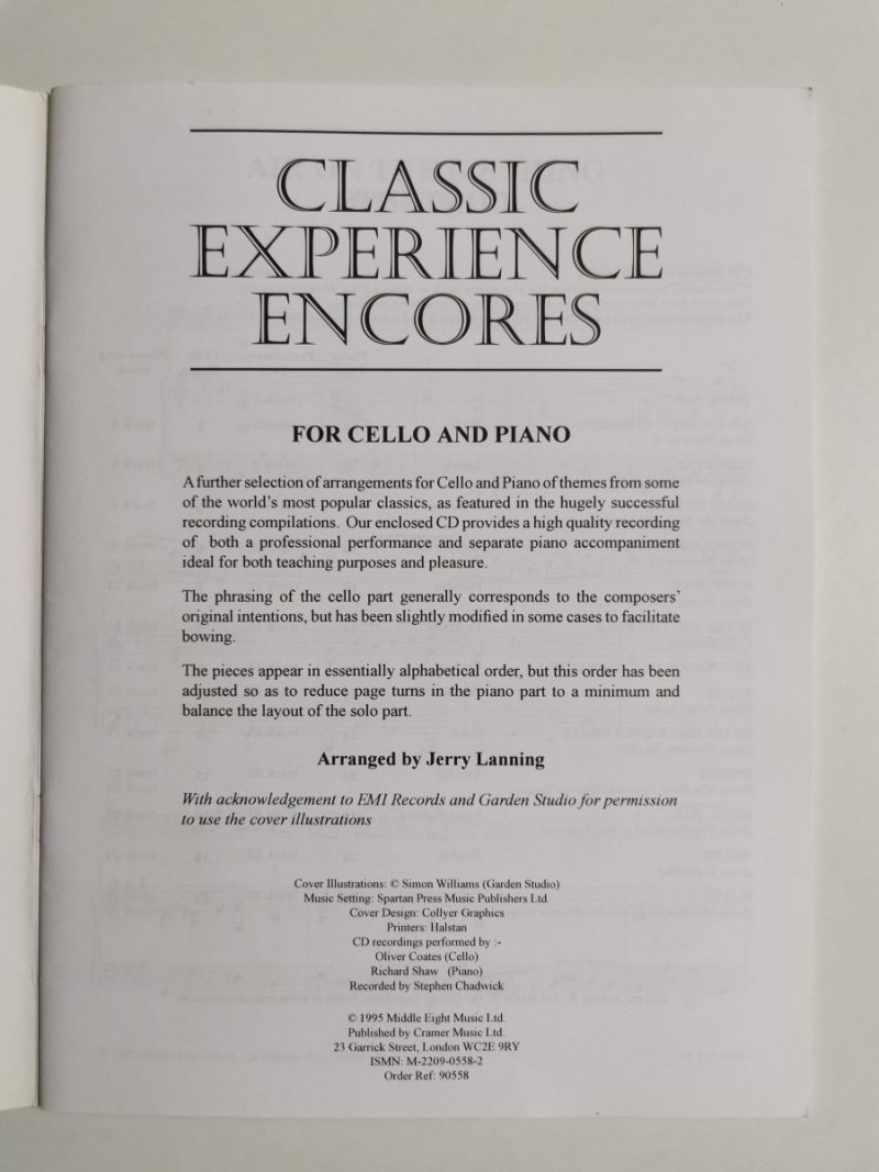 CLASSIC EXPERIENCE ENCORES. CELLO WITH CD 