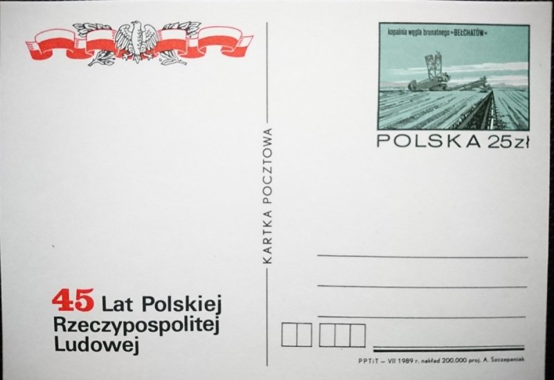 KARTKA POCZTOWA. 45 LAT POLSKIEJ RZECZYPOSPOLITEJ LUDOWEJ KOPALNIA WĘGLA BRUNATNEGO BEŁCHATÓW