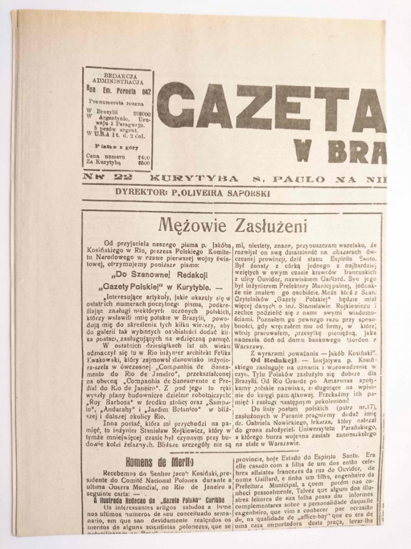 GAZETA POLSKA W BRAZYLJI NR 22 DNIA 1 CZERWCA ROK 1941 