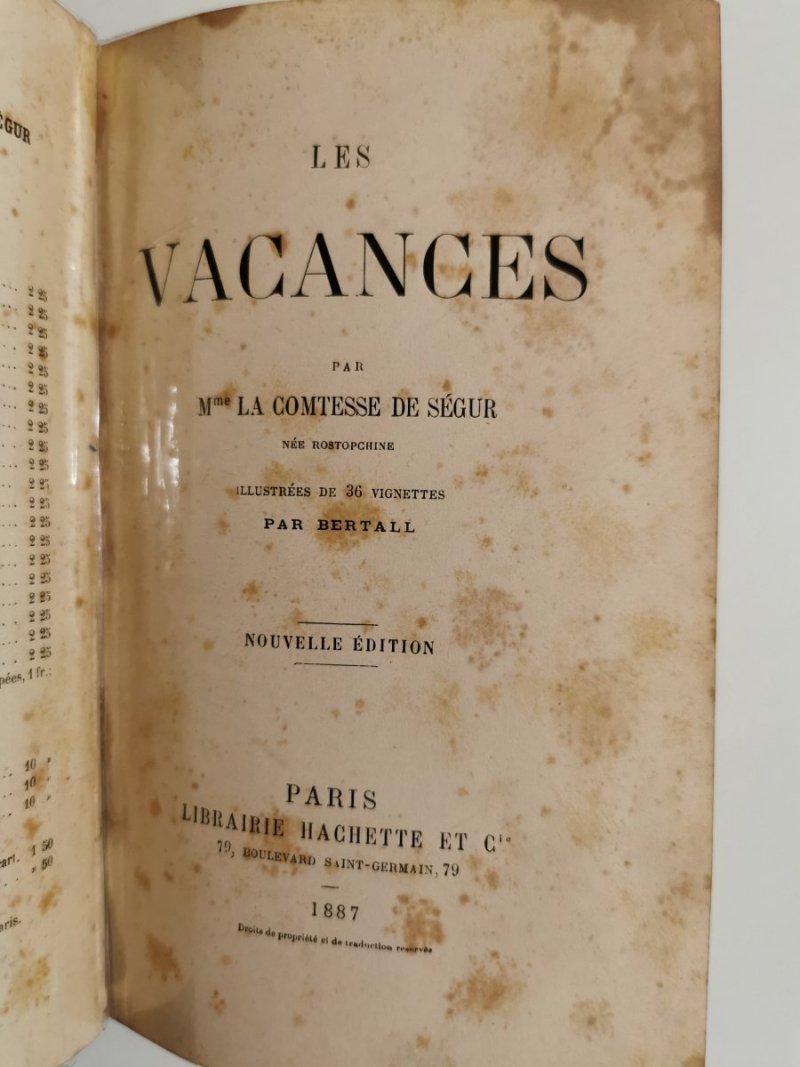 LES VACANCES Madame La Comtesse De Segur 1887