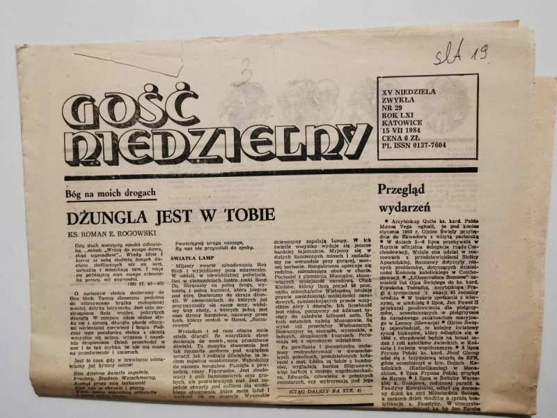 GOŚĆ NIEDZIELNY XV NIEDZIELA ZWYKŁA NR 29 ROK LXI KATOWICE 15 VII 1984