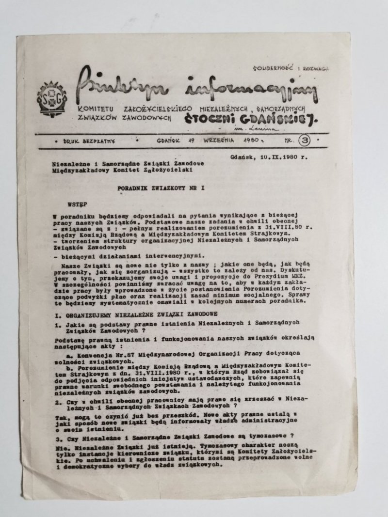BIULETYN INFORMACYJNY STOCZNI GDAŃSKIEJ GDAŃSK 19 WRZEŚNIA 1980 r. NR 3