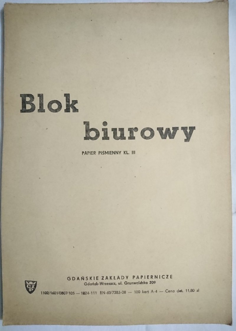 PRL -BLOK BIUROWY. PAPIER PIŚMIENNY KL.. III CZYSTY