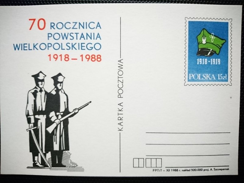 KARTKA POCZTOWA. 70 ROCZNICA POWSTANIA WIELKOPOLSKIEGO 1918-1988