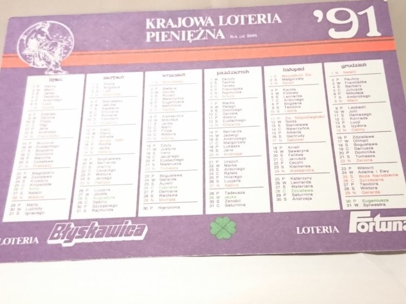 KRAJOWA LOTERIA PIENIĘŻNA. KALENDARZYK '91