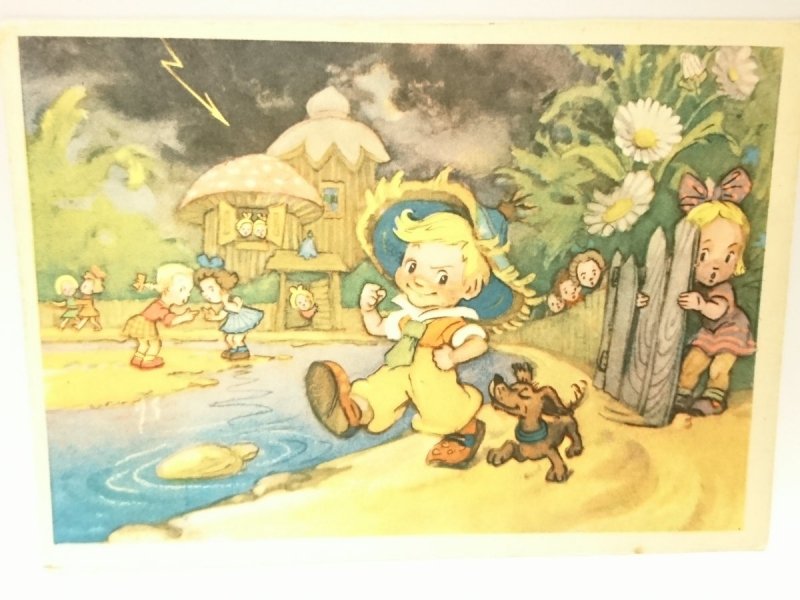 ILUSTRACJA. CHŁOPIEC Z PIESKIEM. DZIECI W TLE