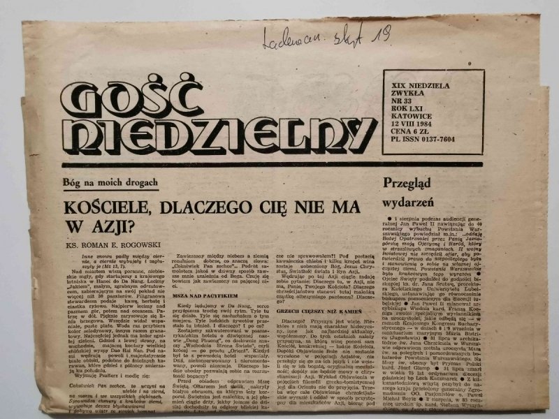 GOŚĆ NIEDZIELNY XIX NIEDZIELA ZWYKŁA NR 33 ROK LXI KATOWICE 12 VIII 1984