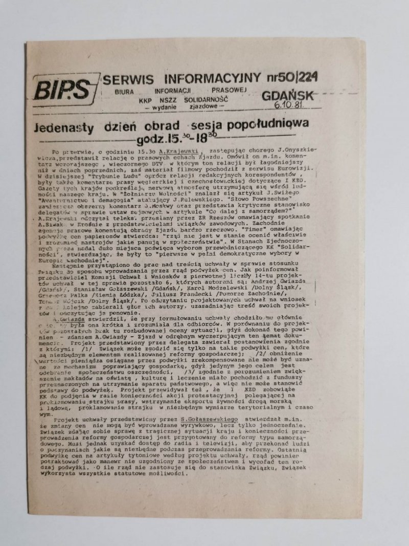 BIPS SERWIS INFORMACYJNY NR 50/224 GDAŃSK 6.10.81
