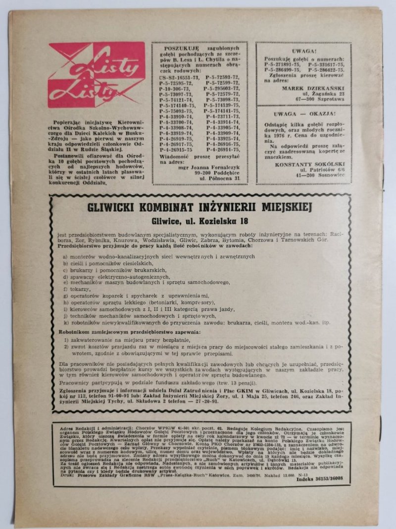 HODOWCA GOŁĘBI POCZTOWYCH NR 10  1976