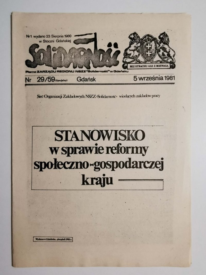 SOLIDARNOŚĆ NR 29/59 (SPECJALNY) GDAŃSK 5 WRZEŚNIA 1981