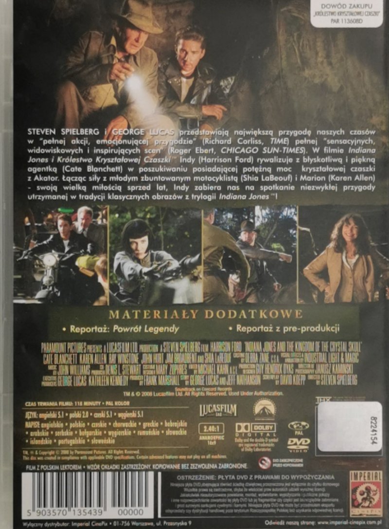 DVD. INDIANA JONES I KRÓLESTWO KRYSZTAŁOWEJ CZASZKI