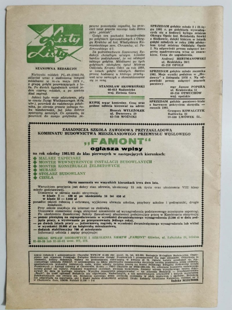 HODOWCA GOŁĘBI POCZTOWYCH NR 1 1981