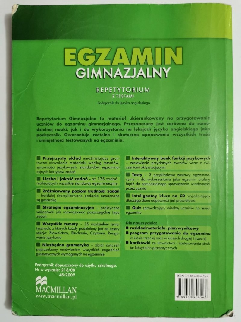 EGZAMIN GIMNAZJALNY. REPETYTORIUM Z TESTAMI. PODRĘCZNIK PLUS DWIE PŁYTY CD 